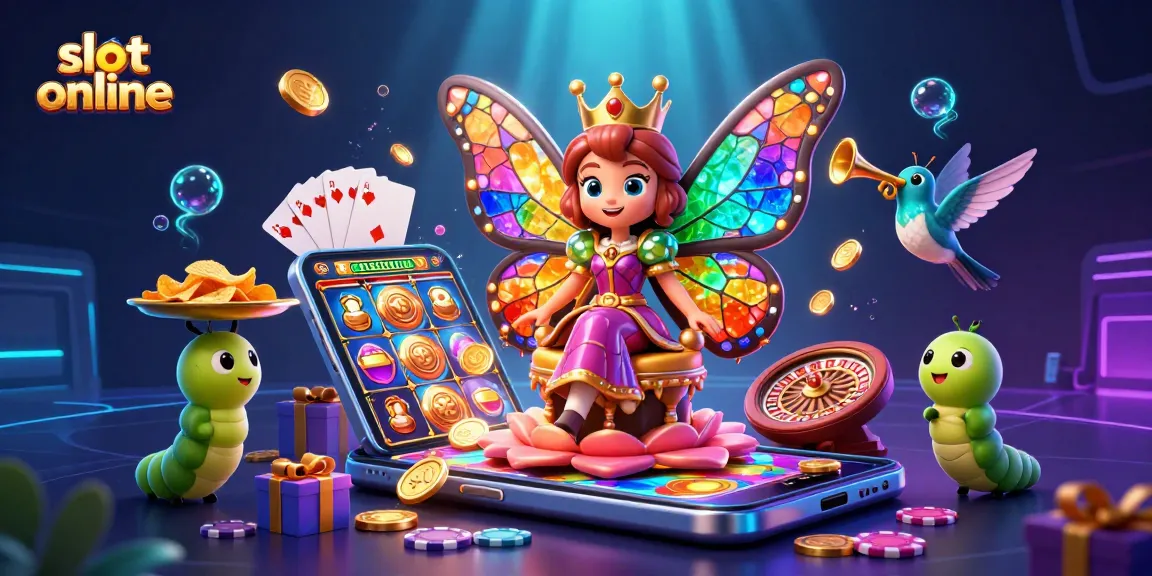 Experience the excitement of slot online with vibrant 3D imagery of a butterfly queen among casino elements.