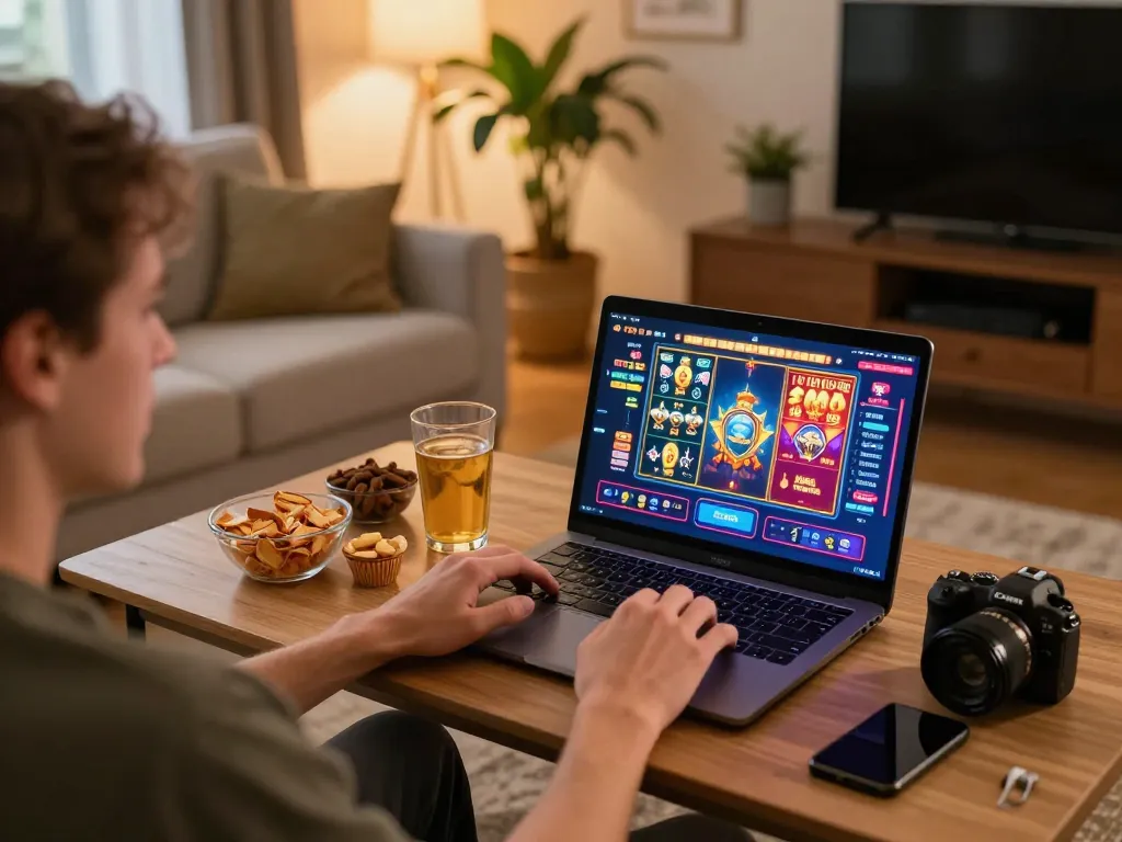 Engaging in online pokies Australia with vibrant game graphics at home gaming setup