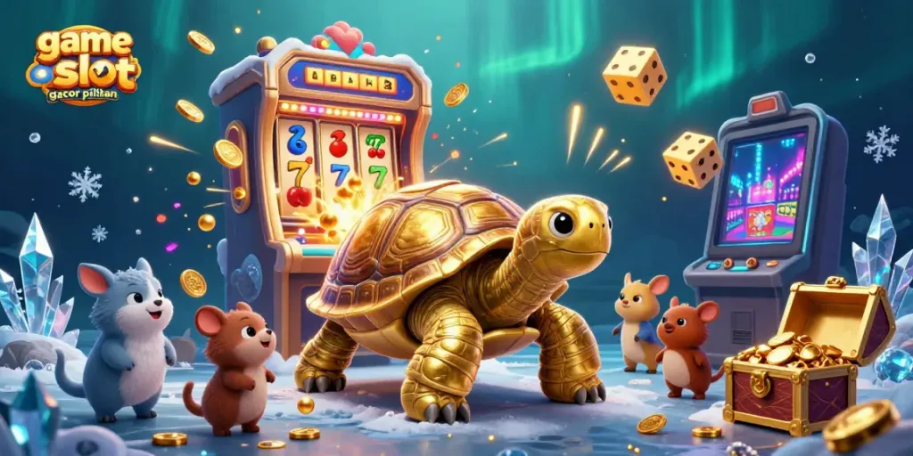 Permainan slot gacor pilihan menampilkan penyu emas besar dan mesin slot dengan efek jackpot yang menakjubkan.