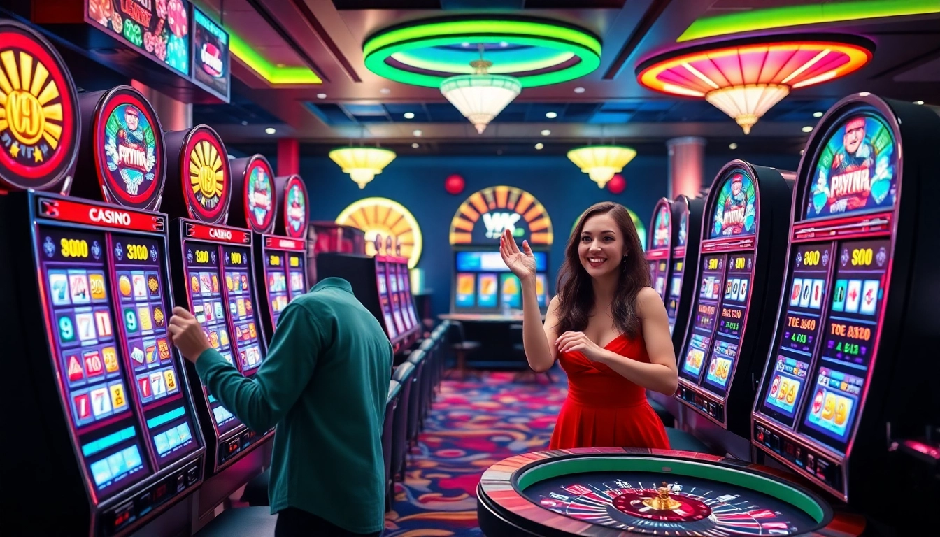 Pemain menikmati aman788 slot gacor di kasino yang ramai dengan mesin slot yang menarik dan momen kemenangan.