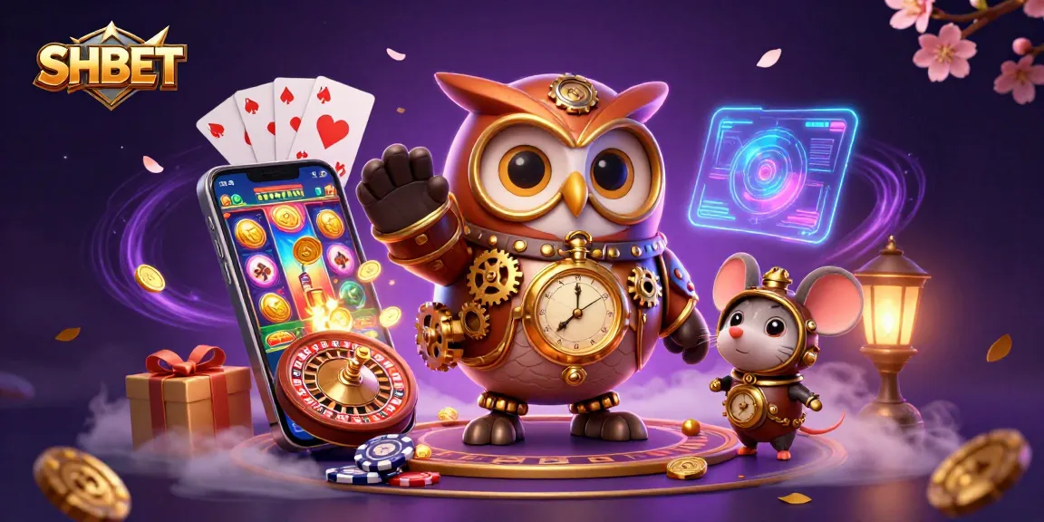 Engage with SHBET's vibrant 3D steampunk casino world, featuring an owl and a mouse amidst dynamic gameplay elements.