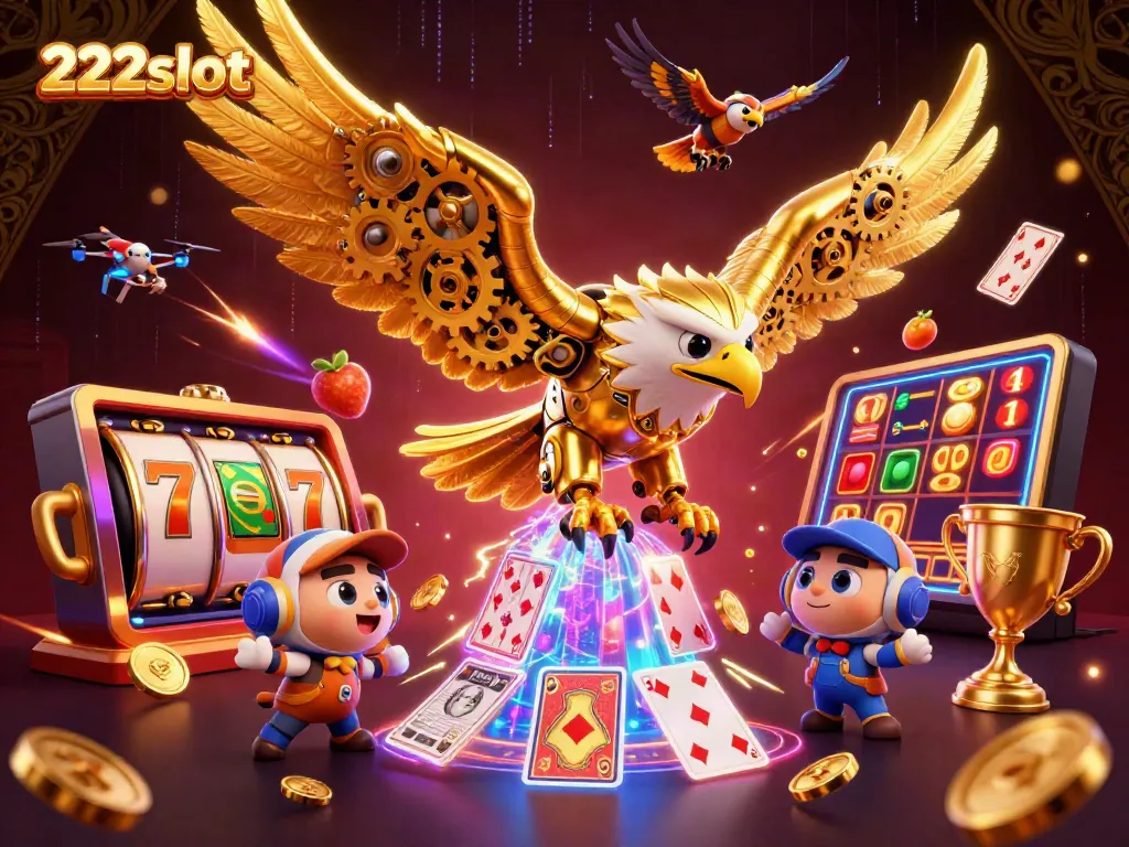 Menangkan jackpot di 222slot dengan gambar slot menggelegar dan simbol keberuntungan di latar belakang.