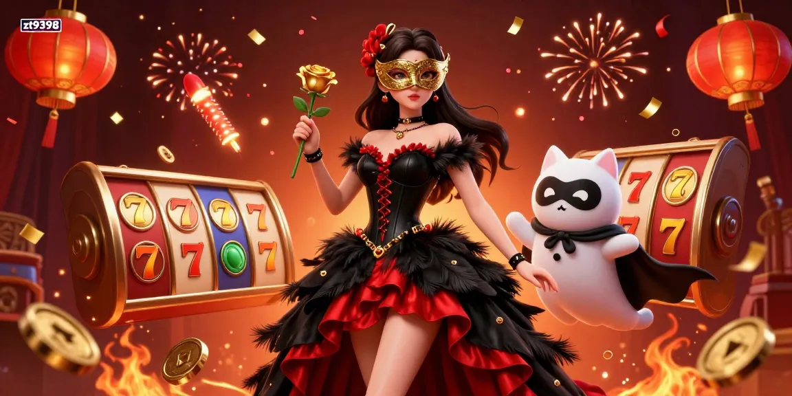 Engage with zt9398 in this exciting casino-themed illustration, showcasing vibrant slot reels and festive elements.