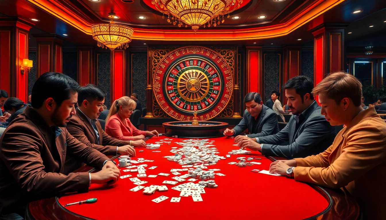 Experience the thrilling gameplay of Dominoqiu among excited players in a luxurious casino setting.