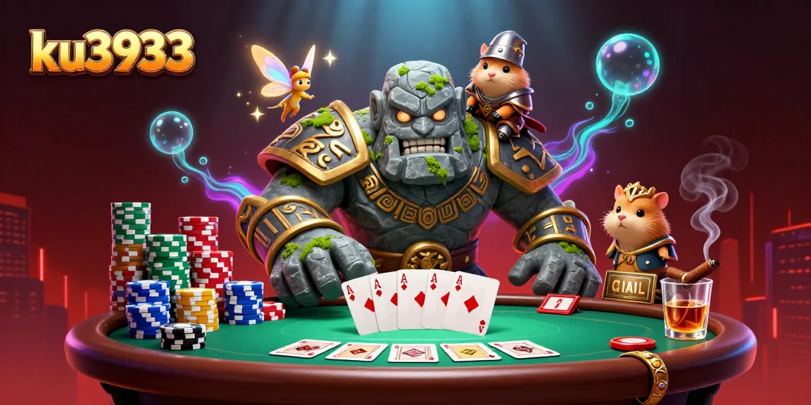 Engage with ku3933 at a vibrant poker table surrounded by dynamic gaming elements and mystical characters.
