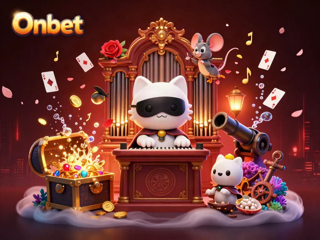 Experience Onbet's thrilling atmosphere with a 3D casino scene featuring captivating game elements like gold coins and playing cards.
