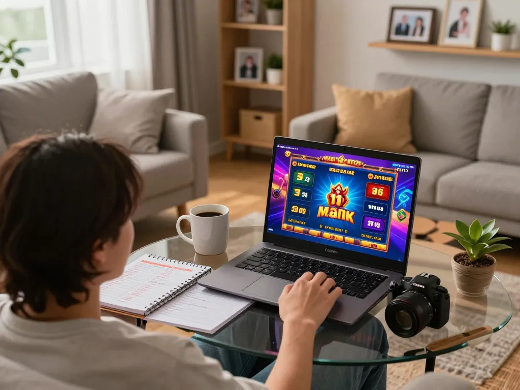 pemain situs togel menikmati permainan online di ruang tamu yang nyaman, menampilkan antarmuka taruhan yang berwarna-warni dan catatan strategi.