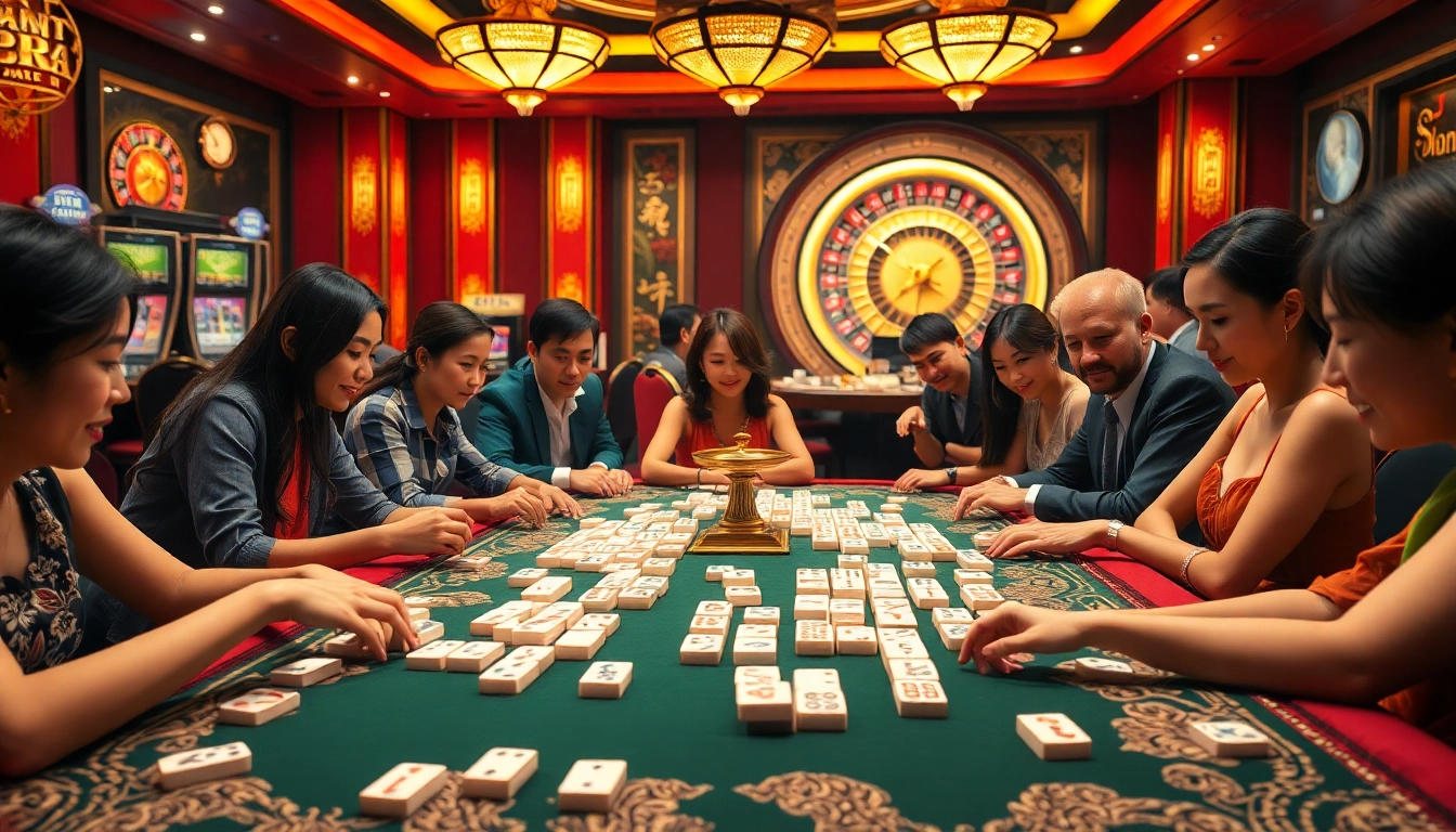 Pemain menerapkan strategi Mahjong di meja kasino mewah, menyoroti kegembiraan dan keahlian.