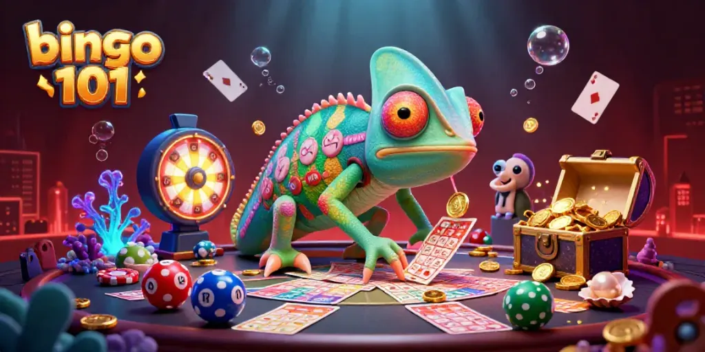Experience the excitement of bingo 101 with a vibrant scene of games and prizes featuring bingo cards and colorful elements.
