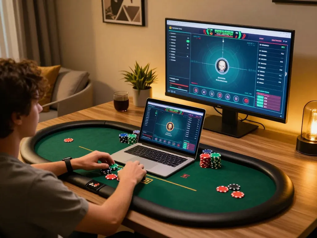 Player enjoying a thrilling goal123 poker experience on a laptop at home.