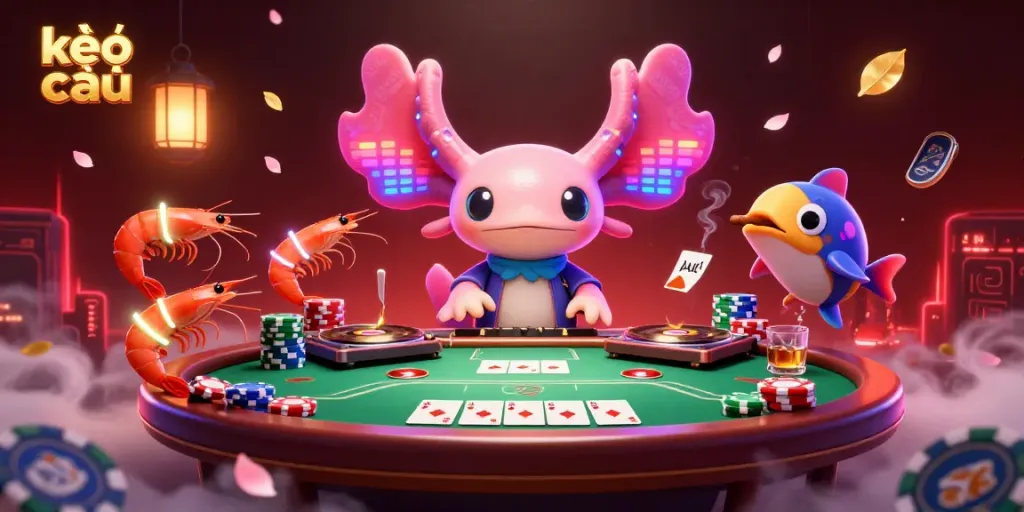 Experience kèo nhà cái action with a vibrant cartoon scene of a neon axolotl DJ spinning records at a busy poker table.