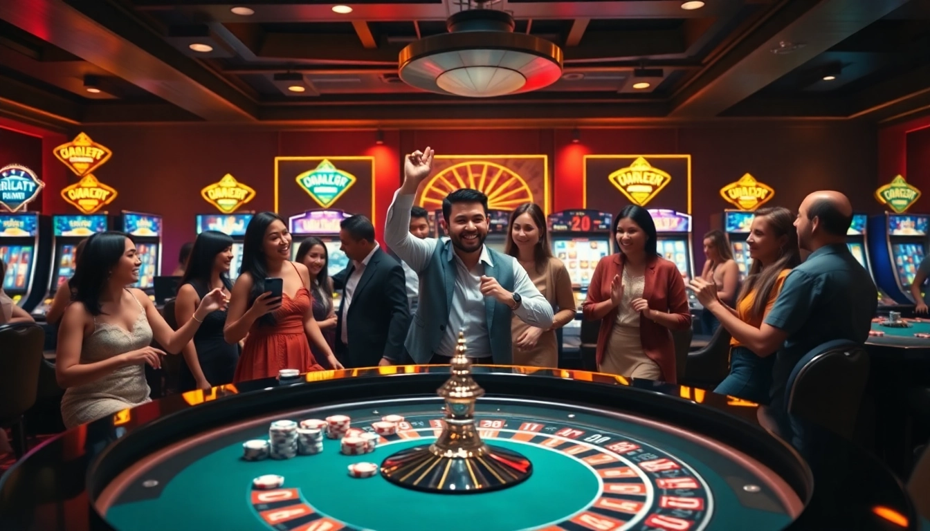 Players celebrating a big win at juragan77's exciting casino scene with roulette and slot machines.