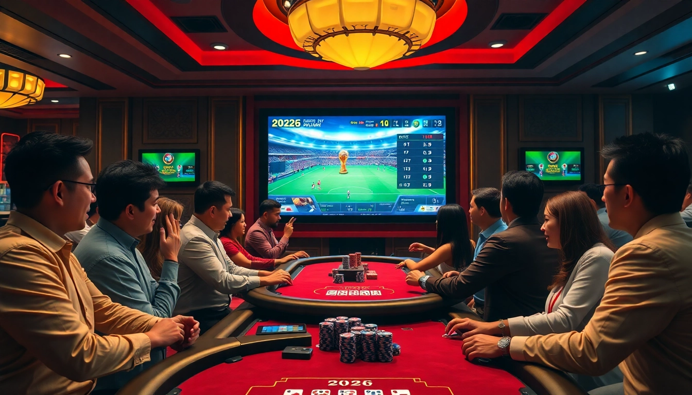 Situs Judi Bola Terbesar Di Dunia players engaged in betting excitement in a luxury casino.