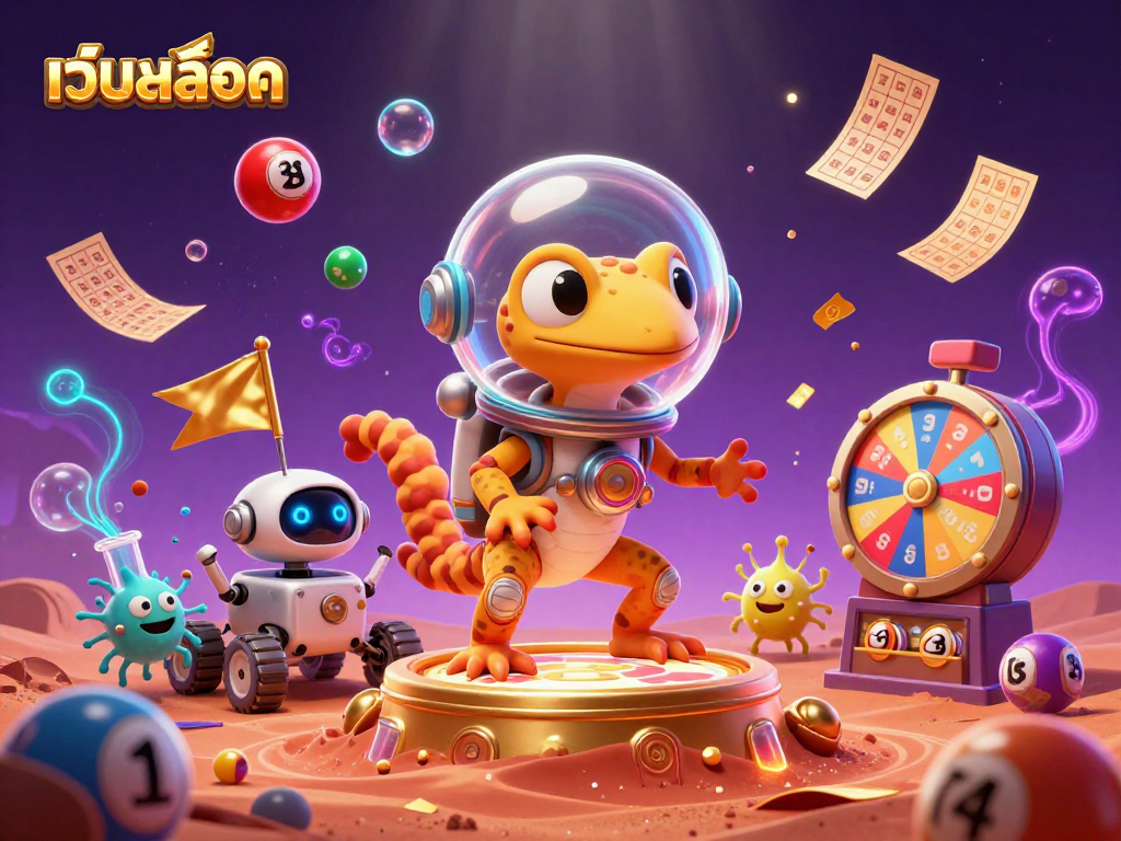 Win big with เว็บสล็อต in a vibrant Martian casino scene featuring dynamic lottery balls and exciting prizes.