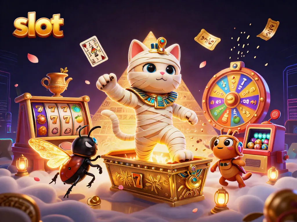 Slot penuh warna yang menampilkan putaran gulungan, simbol buah, dan jackpot di kasino.