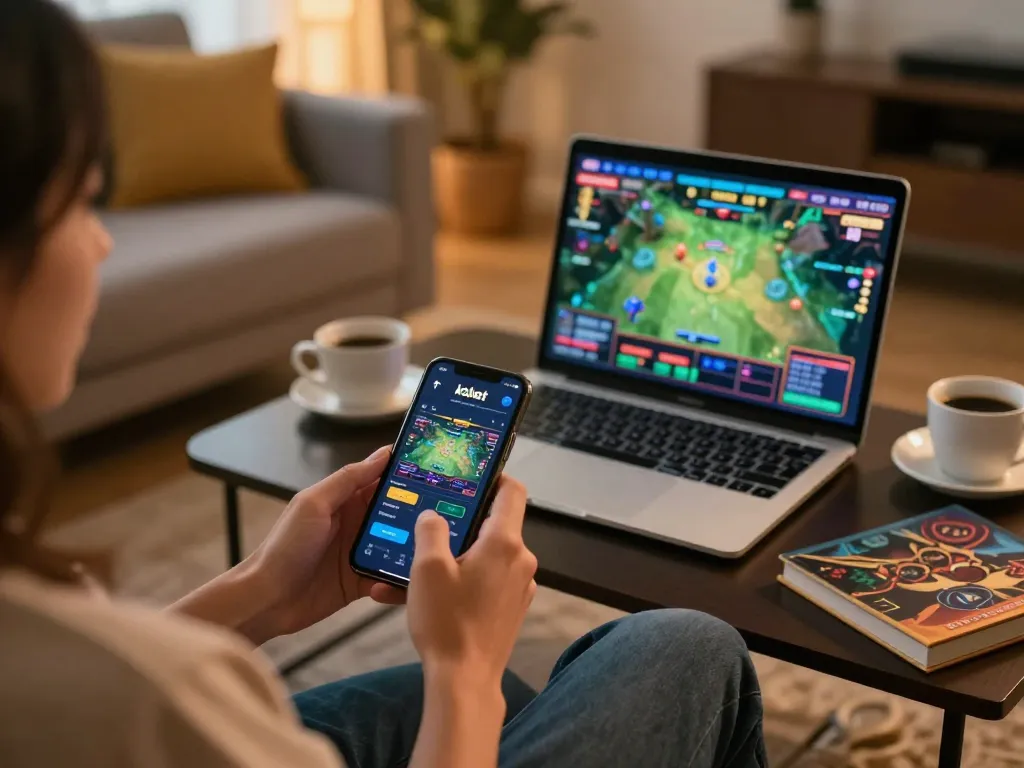 Person enjoying mobile kdslot gaming experience at home with laptop and strategy notes nearby.