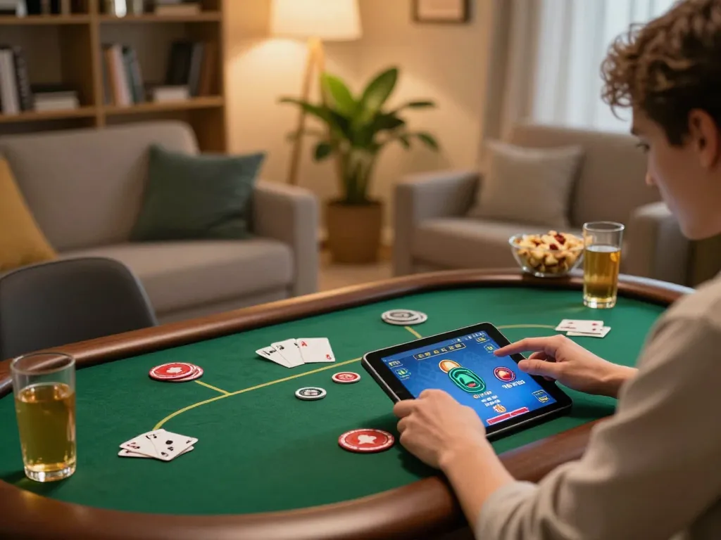 Player engaging with online poker game on tablet at ww88, showcasing interactive gaming environment.