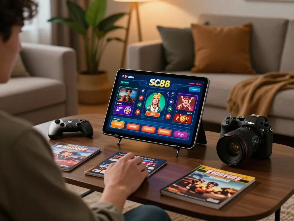 Engaging online gaming session at SC88 with tablet showing casino game interface.