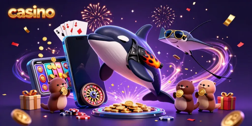 Engaging casino-themed illustration with a playful orca, stingray, and sea otters among vibrant gaming elements.