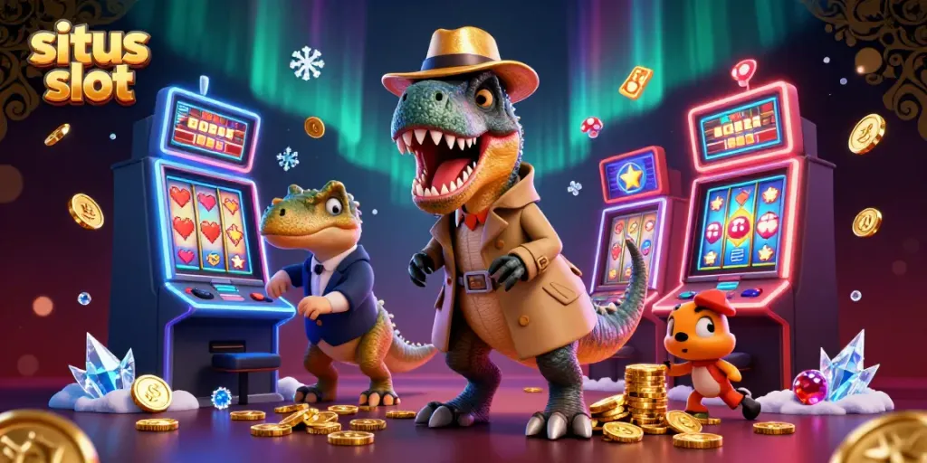 Menangkan permainan di situs slot dengan 3D ilusi kartun yang menampilkan karakter dinosaurus dan elemen permainan.