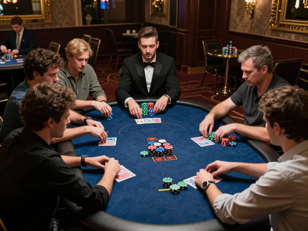 Players engaged in a high-stakes poker game at GG777 casino, strategic betting atmosphere.