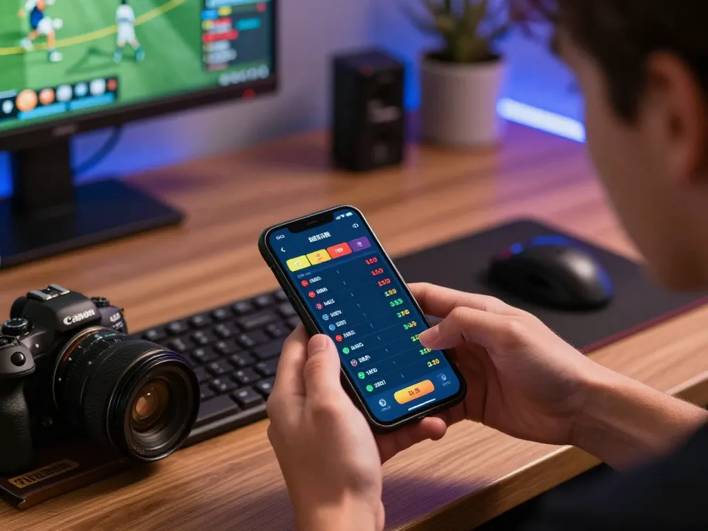 Player engaging with f168 sports betting app on smartphone in a modern home setting.