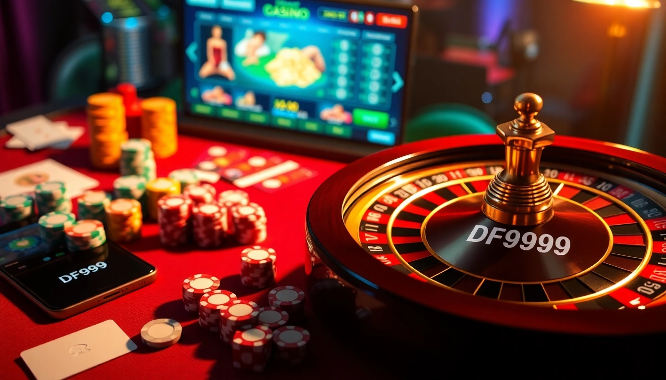 Experience the thrill of DF999 casino gaming with an exciting roulette wheel and poker setup.
