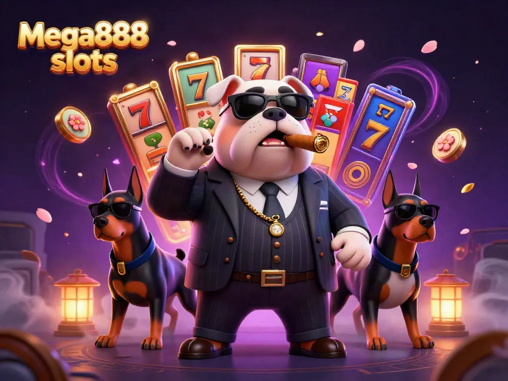Engaging scene with Mega888 slots featuring a bulldog boss and Doberman bodyguards surrounded by vibrant slot game elements.