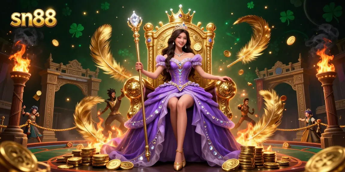 sn88 showcases a captivating casino scene with an elegant Asian woman amid gold coins, embodying thrilling gambling experiences.