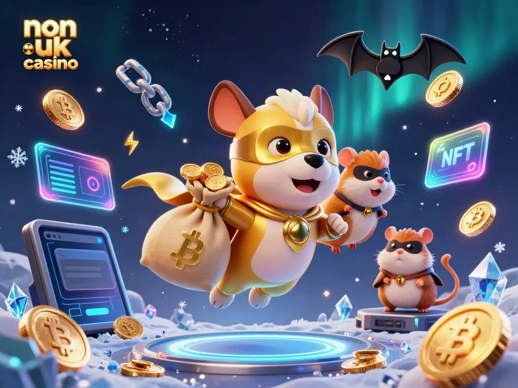 Engaging scene with non-UK casino theme showcasing a superhero dog and hamster amidst vibrant cryptocurrencies and gaming elements.