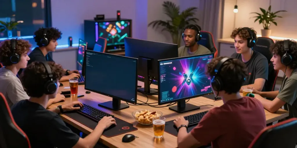 Group of friends engaging in A80 gaming, showcasing a vibrant gaming atmosphere.