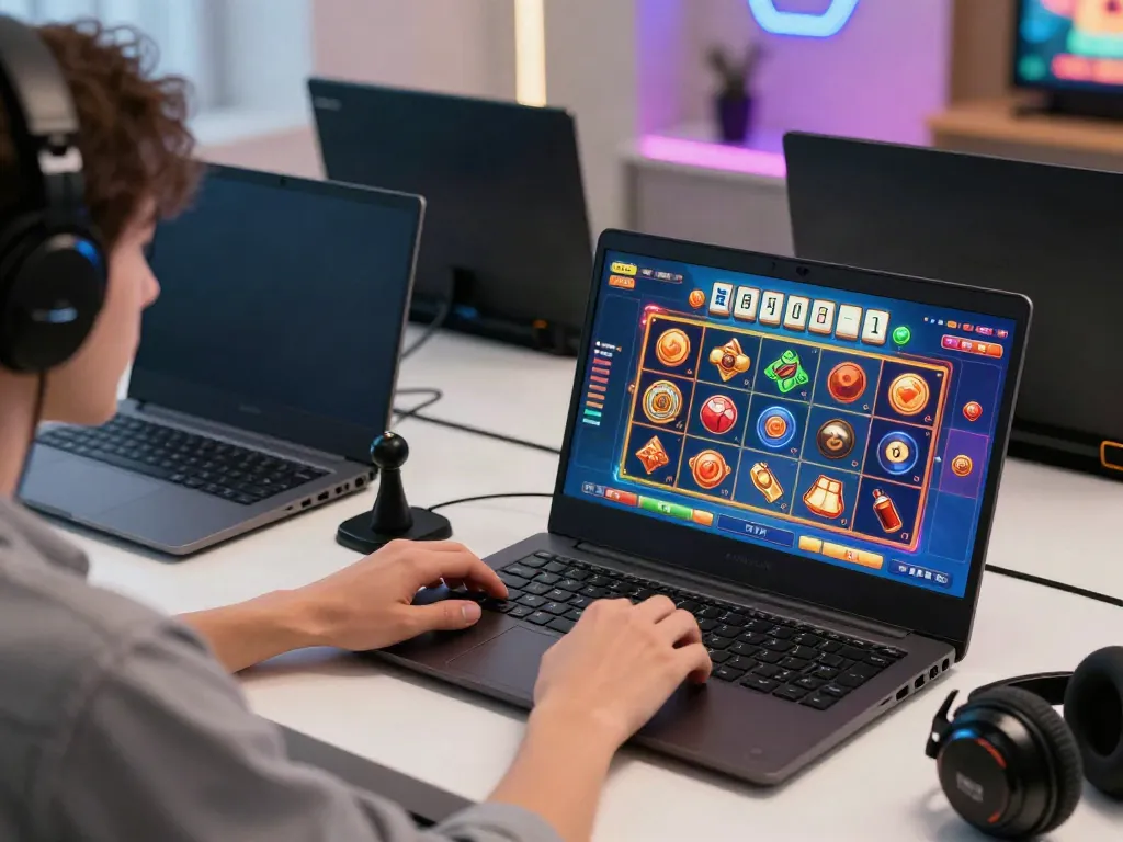 Gamer berpartisipasi dalam judi pragmatic online dengan laptop, aksesori permainan, dan suasana modern.