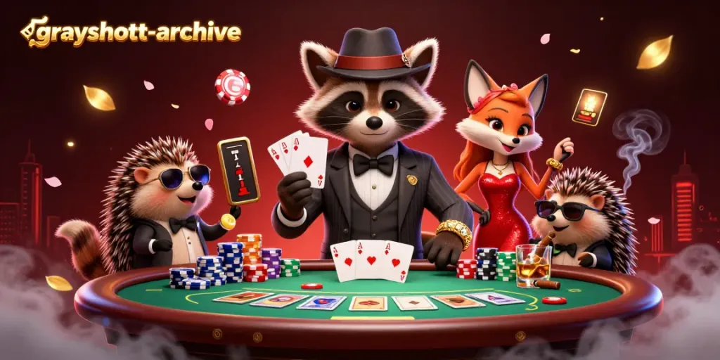 Raccoon, fox lady, and hedgehog in a casino scene showcasing grayshott-archive theme with poker elements.