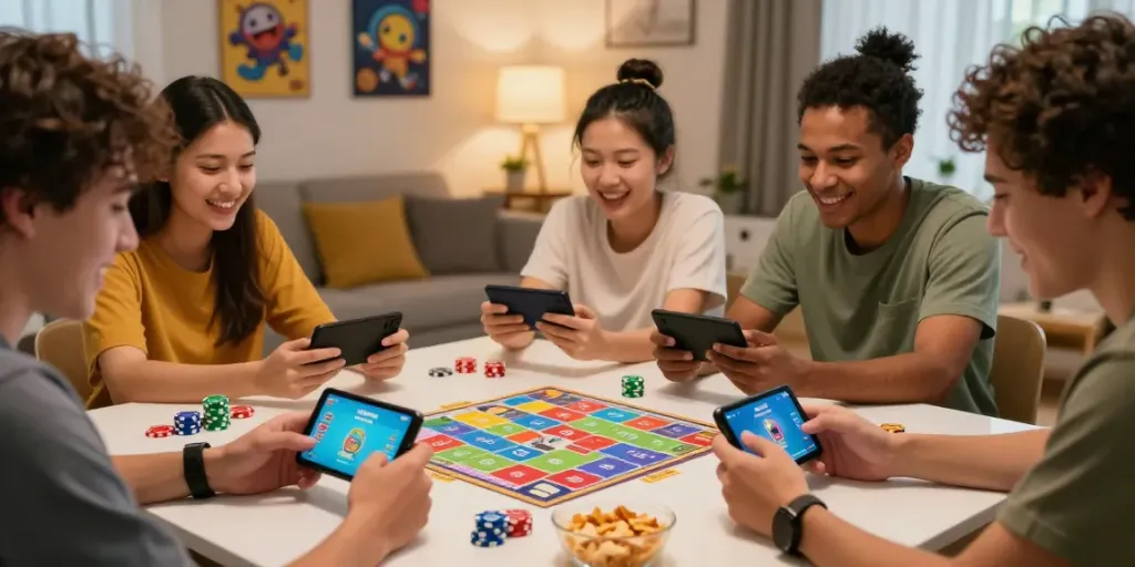 Exciting Rumble Rummy gaming session among friends with Android devices in a lively living room.