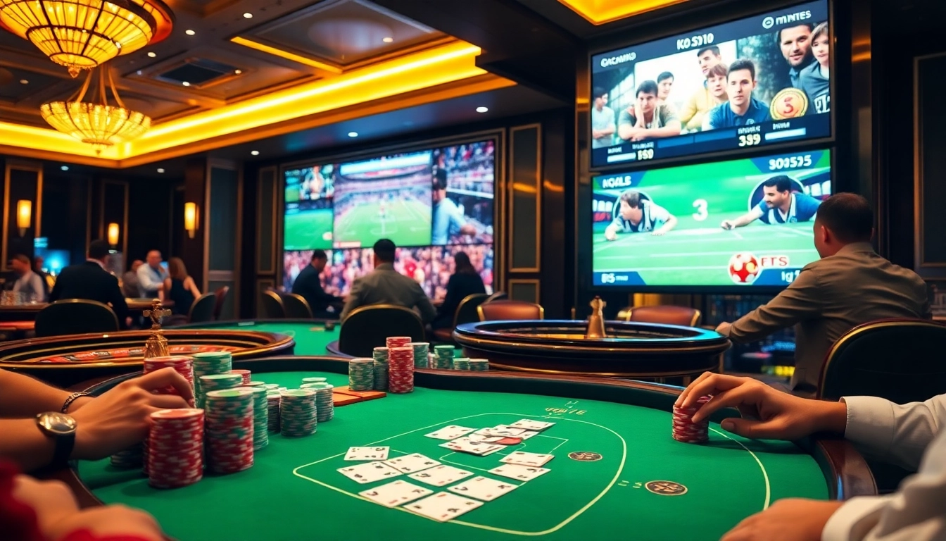 Engaging kqbd sports betting scene with poker tables, roulette wheel, and live updates.