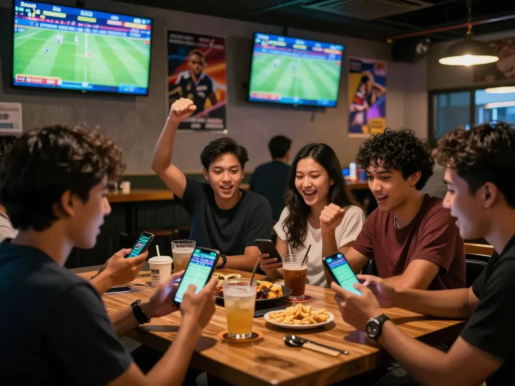 Exciting sports betting scene with friends enjoying Judi Bola at a lively sports bar.