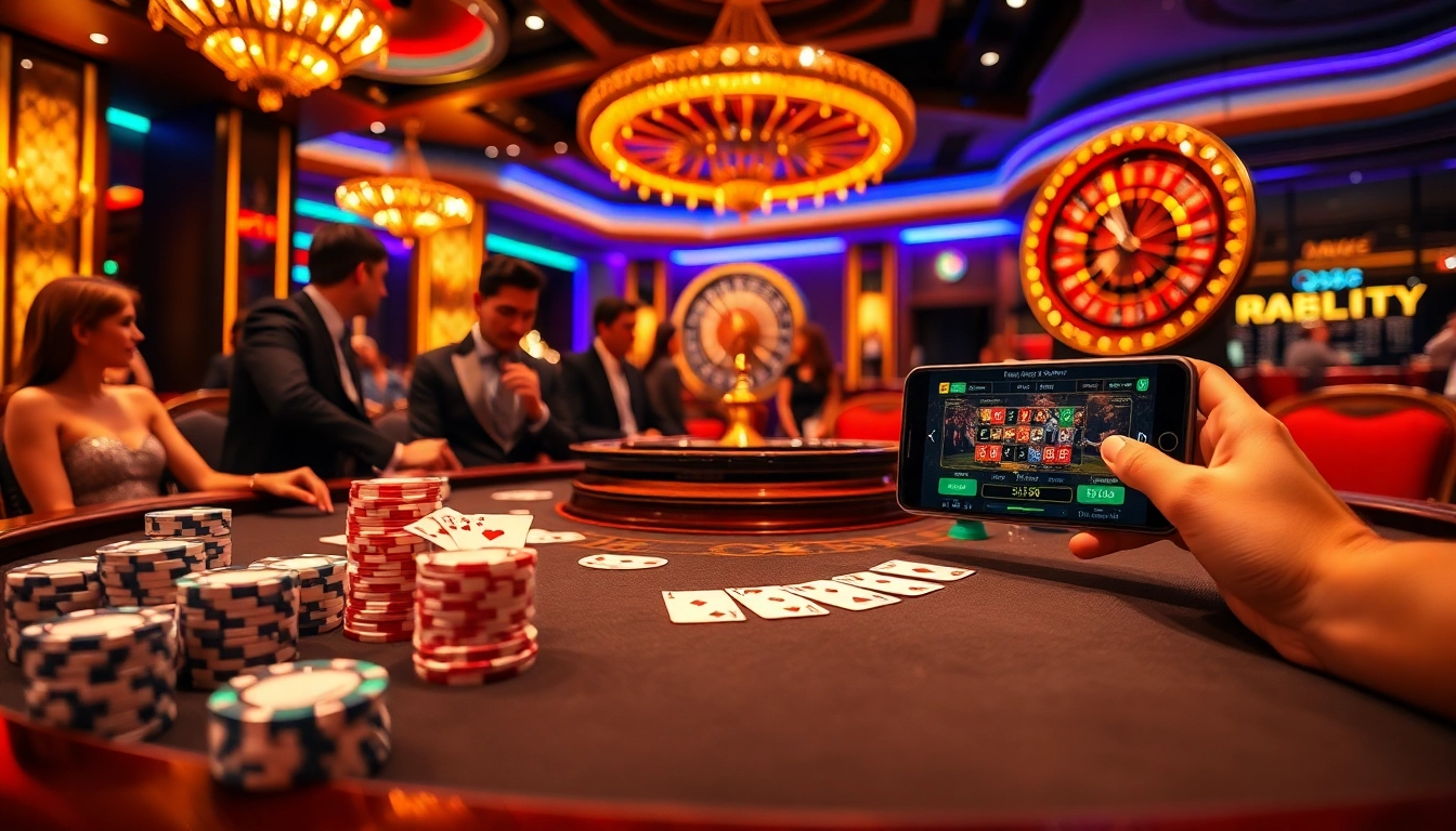 Experience thrilling gameplay at qh88 with poker chips and a roulette wheel in a luxurious casino setting.
