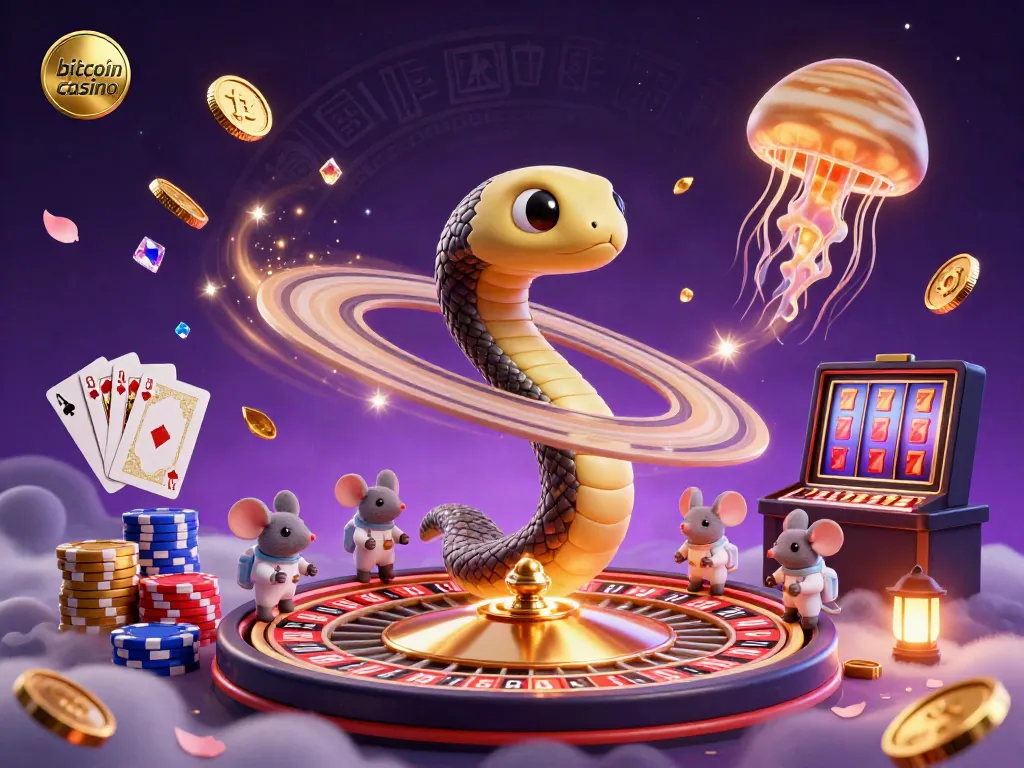 Experience the thrill of a bitcoin casino with playful astronaut mice betting in a cosmic roulette scene.