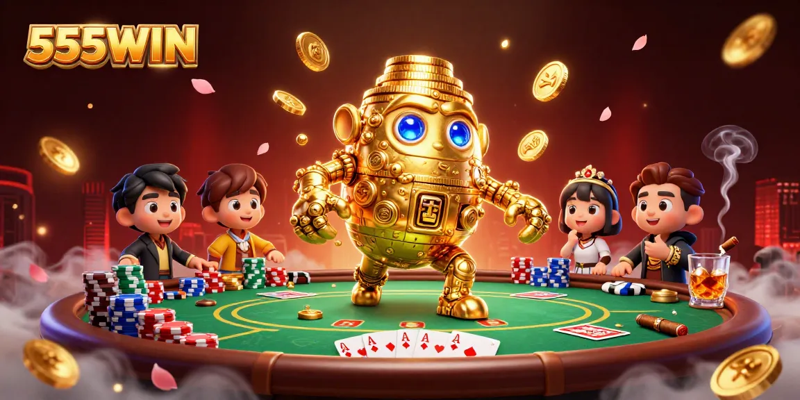 Experience the thrilling atmosphere of 555WIN with a vibrant golem and poker scene.