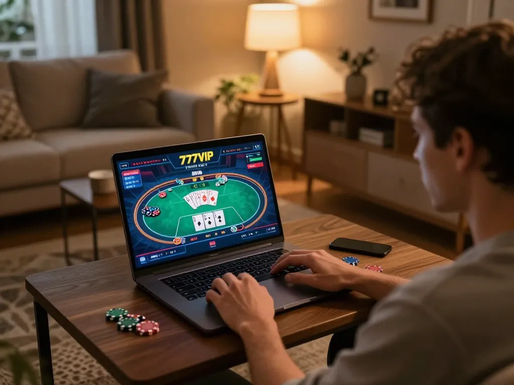 Engaged player using 777VIP online casino on laptop in cozy living room.