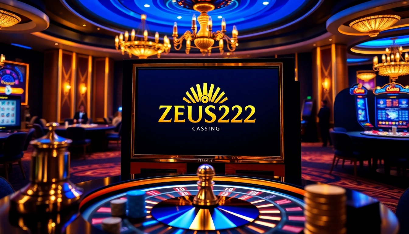 Logo ZEUS222 ditampilkan di mesin slot mewah di tengah suasana kasino yang menarik.