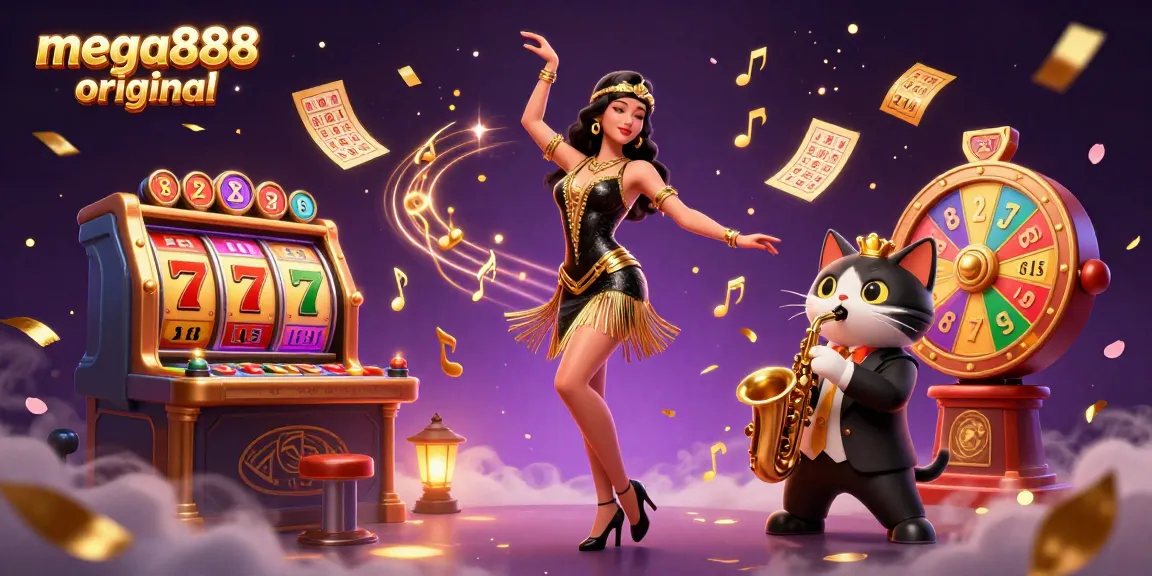 Sertai keseronokan mega888 original dengan elemen slot yang berwarna-warni dan watak yang menarik dalam ilustrasi yang meriah ini.