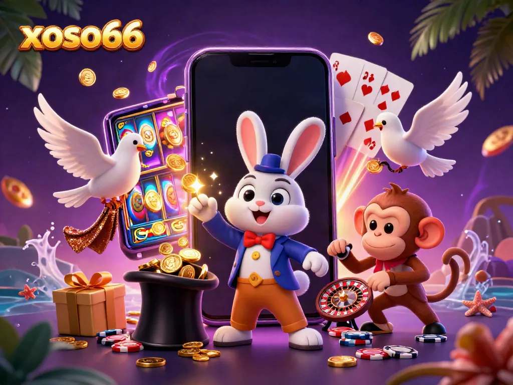 xoso66 magician rabbit pulls coins while a dove and monkey bring excitement to online gaming.