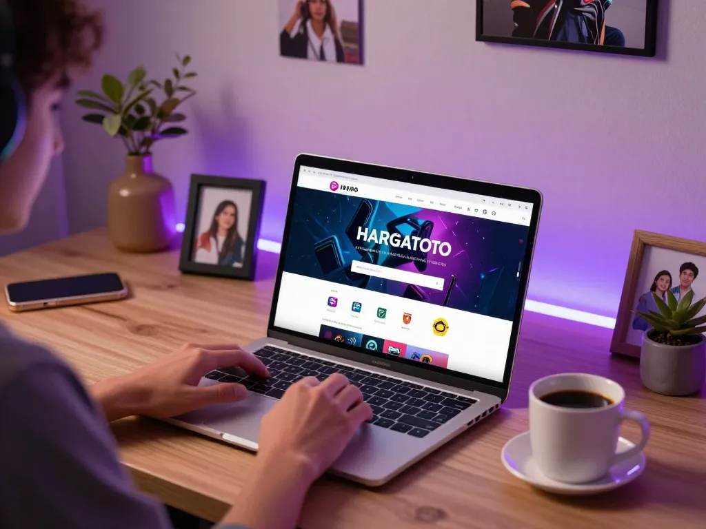 Akses halaman login HARGATOTO dengan pengaturan permainan online yang nyaman menampilkan layar laptop.