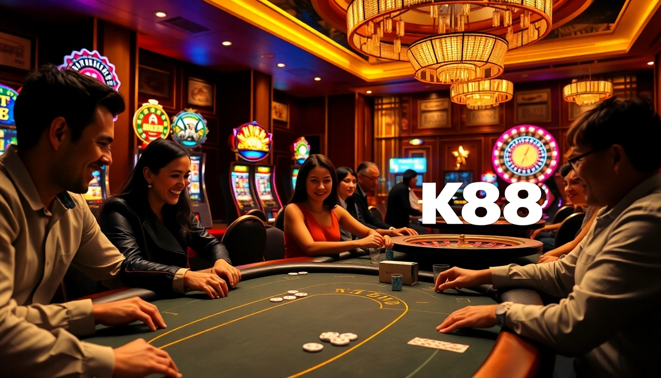 K88 poker players strategizing in a luxurious casino setting with vibrant slot machines.