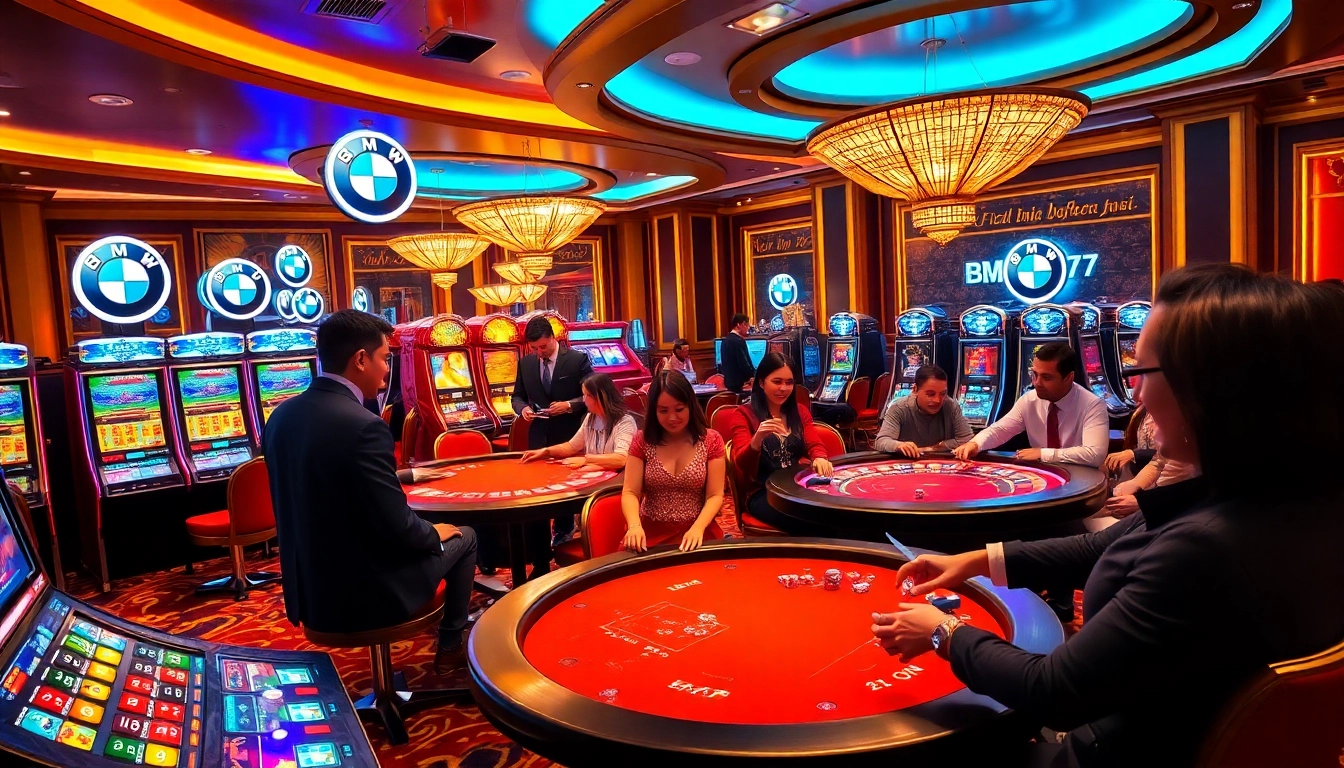 Bmw777 slot machines creating excitement on a vibrant casino floor with players celebrating wins.