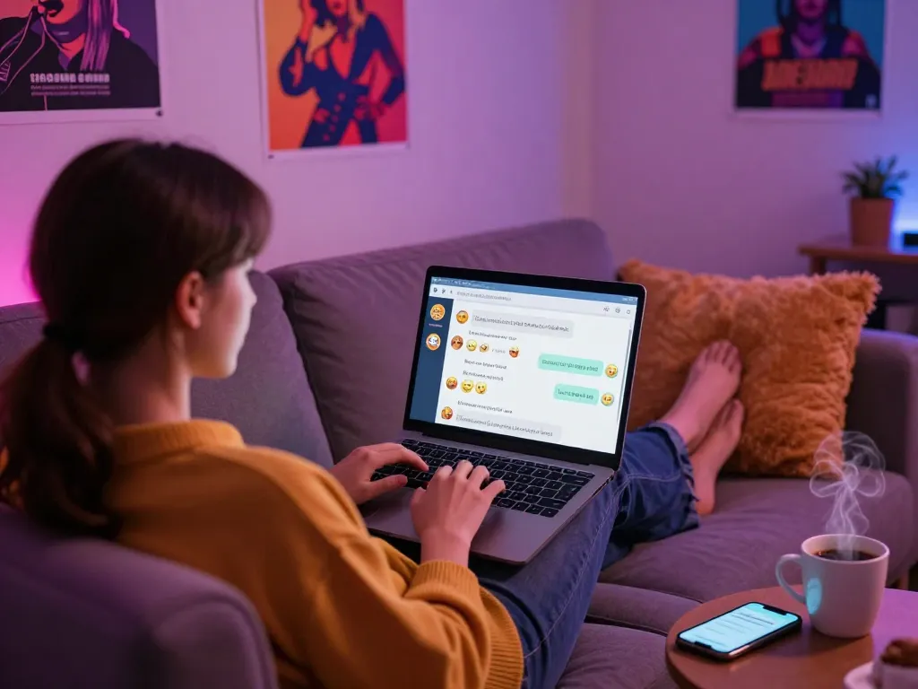 Engaging porn ai chat interaction with user on laptop in cozy setting