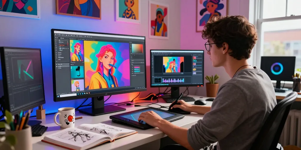 Creative scene of an artist using NSFW AI tools to generate digital imagery in a vibrant studio setting.