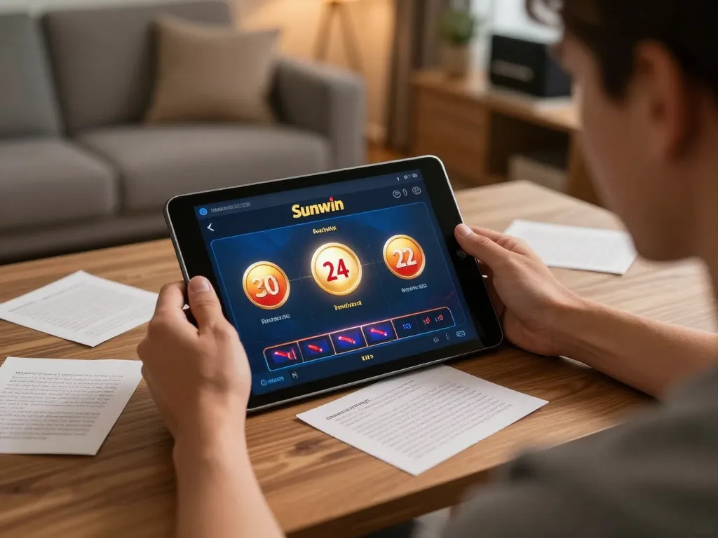 Player engaging with Sunwin app on tablet in a cozy home setting while planning strategy.