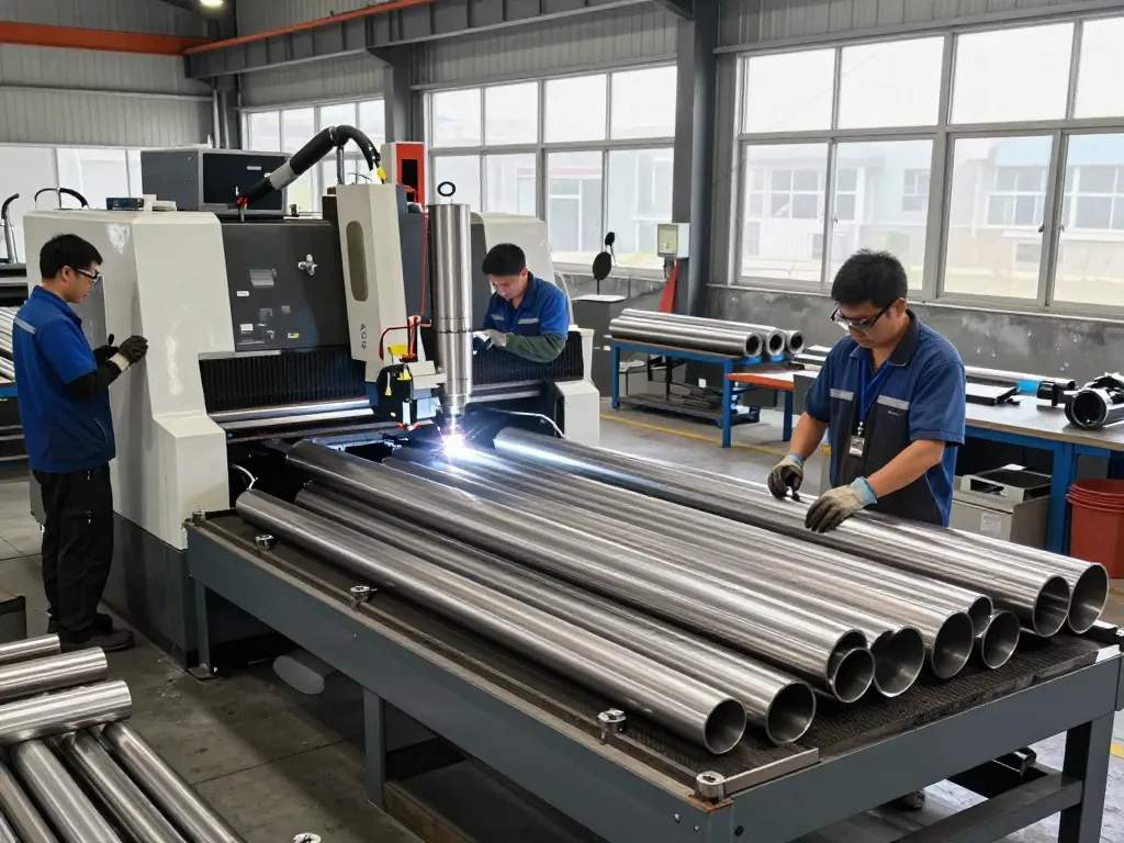 Sumwin stainless steel manufacturing workers assembling pipes in modern facility.